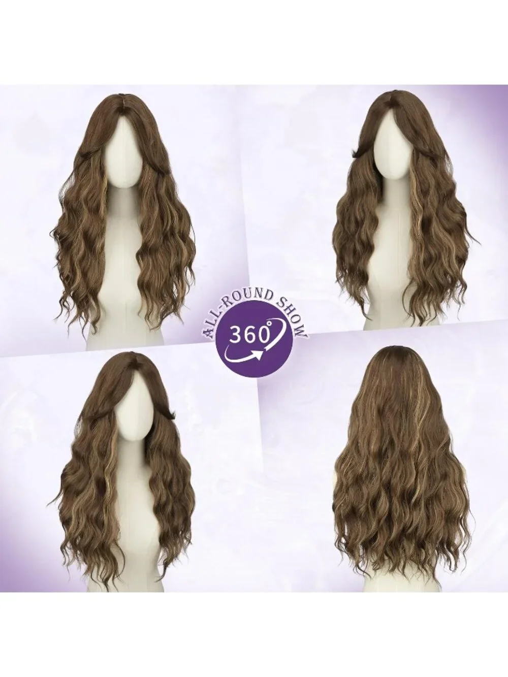 Women's Brown Mixed Blonde 26 Inch Heat Resistant Curtain Bangs Long Wavy Wigs